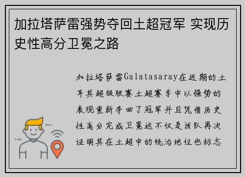 加拉塔萨雷强势夺回土超冠军 实现历史性高分卫冕之路 加拉塔萨雷强势夺回土超冠军 实现历史性高分卫冕之路
